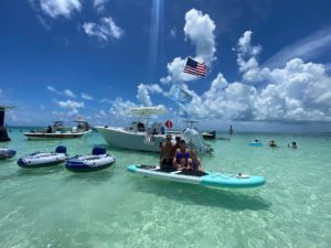 a group of people riding on the back of a boat in the water