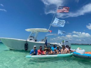 a group of people on a boat in the water